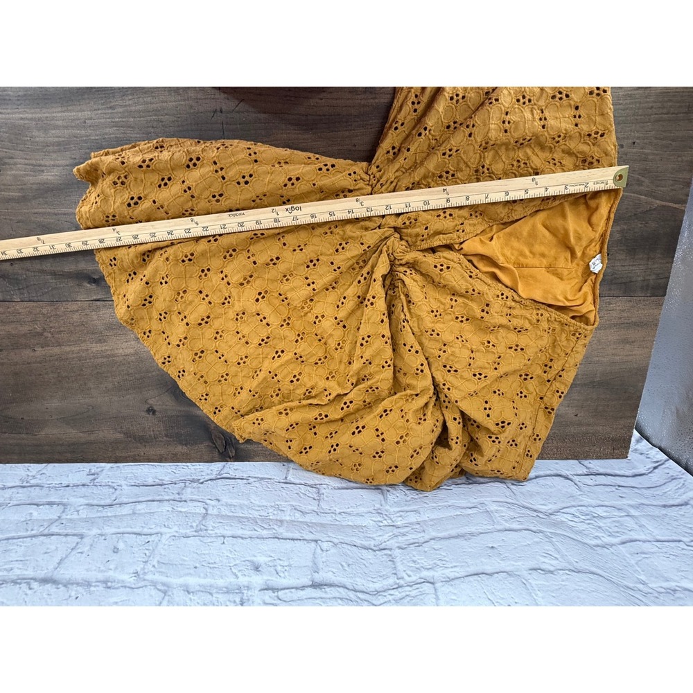 ByTogether Eyelet Mini Dress M Mustard Boho Cottagecore Prairie Puff Sleeve - Picture 12 of 12